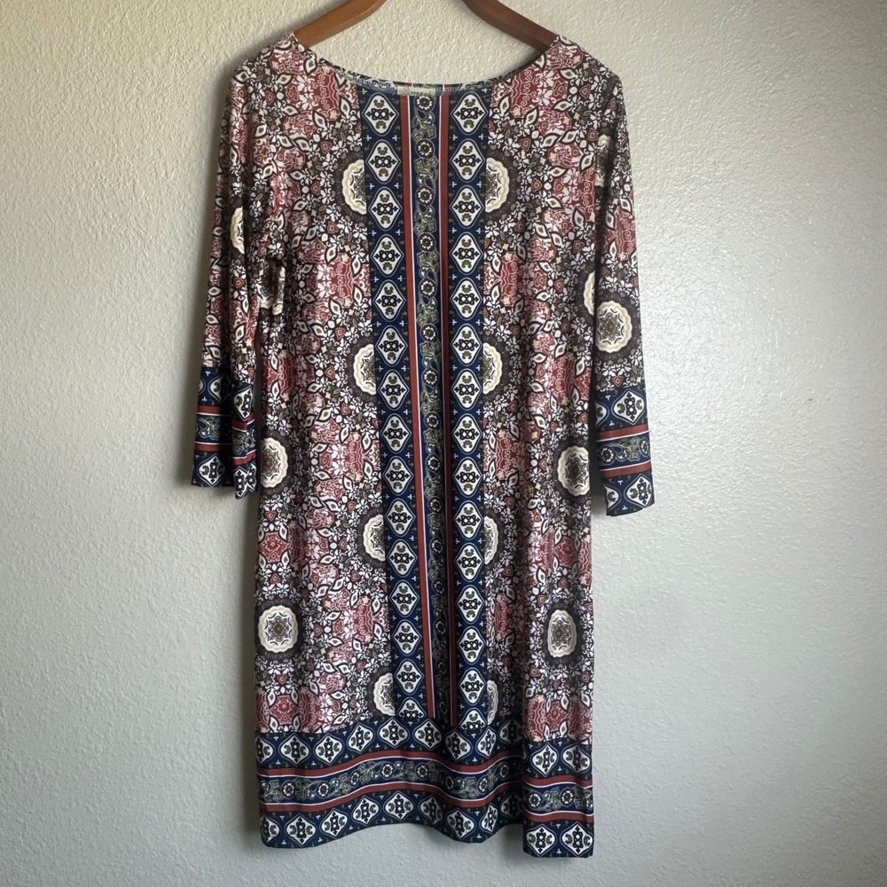Haani Women's Boho Medallion Print Shift Dress Rust Navy Blue 3/4 Sleeve Size M
